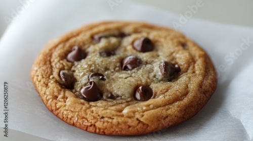 Delicious chocolate chip cookie resting on parchment paper in a cozy kitchen