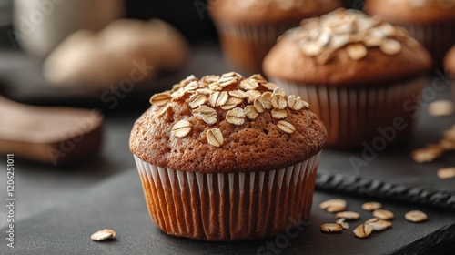 Delicious oat-topped muffins on a dark surface with chocolate and fresh herbs