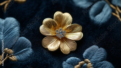 Gold flower pendant resting on a soft dark surface surrounded by a blurred ba...