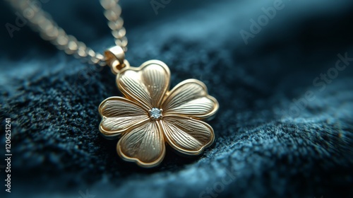 Gold flower pendant resting on a soft dark surface surrounded by a blurred ba...