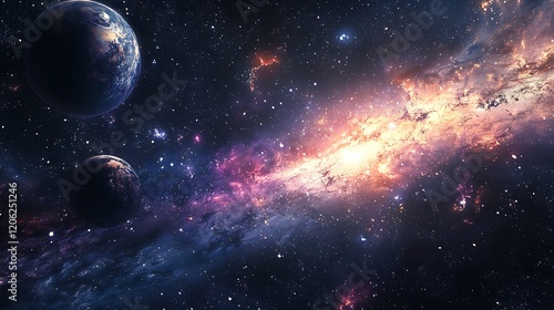 A vibrant cosmic scene featuring planets and a swirling galaxy.