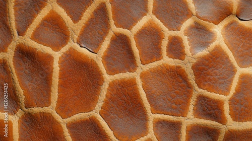 An intricate close-up of a giraffe's skin showing the unique pattern and texture of its natural markings, emphasizing the geometric shapes and natural hues.
