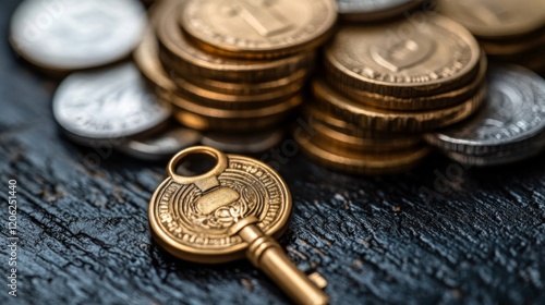 Key placed on a pile of old coins symbolizing wealth and secrets in a vintage...