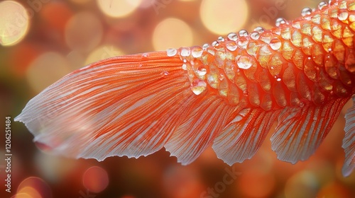 Close-up of a shimmering fish tail adorned with glistening water droplets in ...