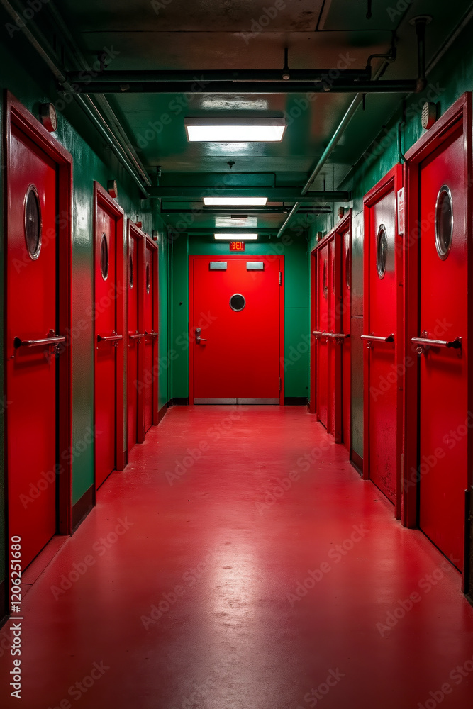 A long hallway with red doors in a green and red building