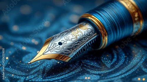 Elegant fountain pen resting on blue patterned surface with intricate details