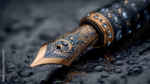 Elegant fountain pen resting on blue patterned surface with intricate details