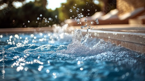 Splashing water droplets create a refreshing atmosphere in a sunny pool setti...