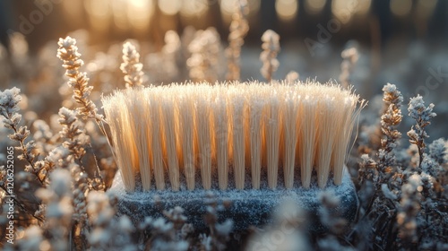 Close-up of a frozen brush resting on frosty grass in a serene winter landscape
