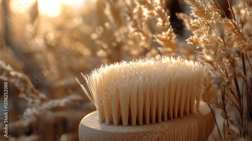 Close-up of a frozen brush resting on frosty grass in a serene winter landscape