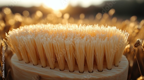 Close-up of a frozen brush resting on frosty grass in a serene winter landscape