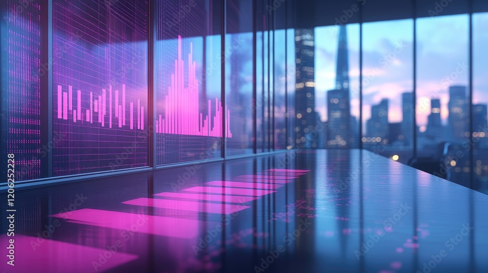 Futuristic Financial Cityscape with Digital Data Visualization on Office Glass Window Futuristic Financial Cityscape with Digital Data Visualization on Office Glass Window