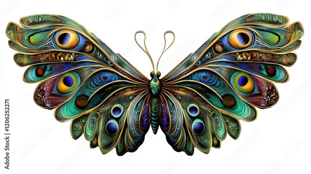 Close-up of a vibrant peacock butterfly with intricate wing patterns, isolated on a white background Close-up of a vibrant peacock butterfly with intricate wing patterns, isolated on a white background