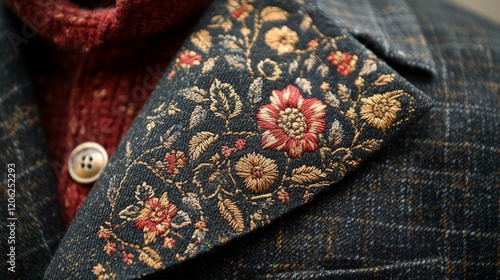 Close-up view of intricately embroidered fabric with floral patterns in vibra...