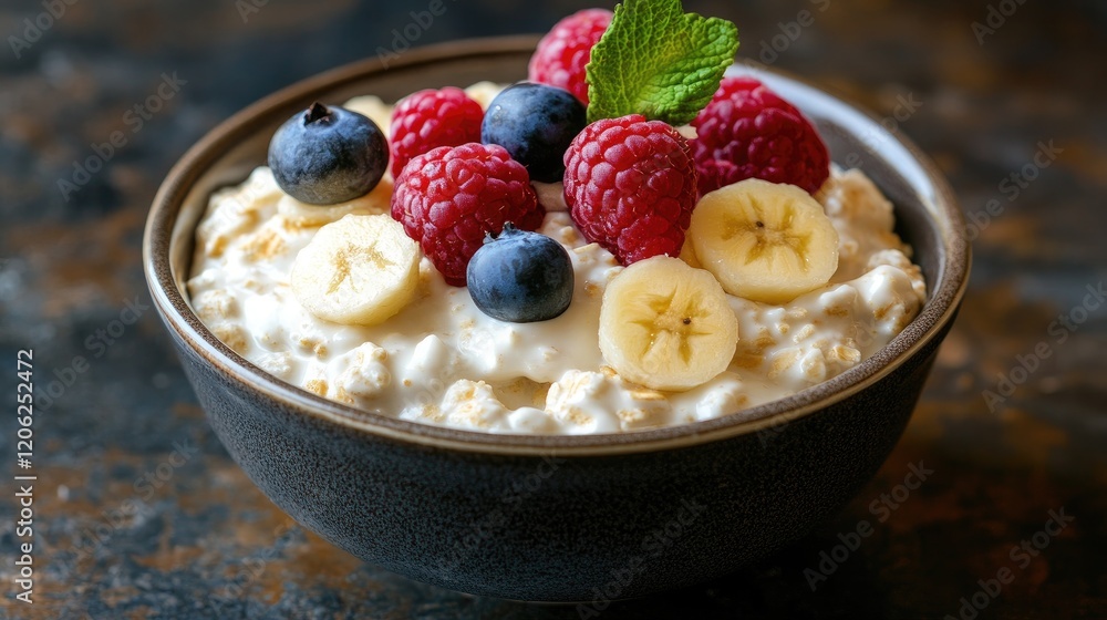 Delicious Breakfast Bowl with Fresh Berries, Banana, and Creamy Oatmeal Delicious Breakfast Bowl with Fresh Berries, Banana, and Creamy Oatmeal
