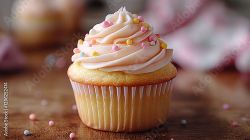 Pink frosted cupcake with sprinkles on a pastel background in a baking display
