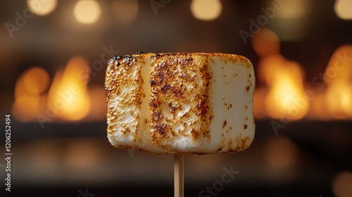 Perfectly toasted marshmallow on a skewer roasted over an open flame in a coz...