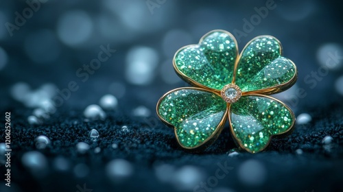 Beautiful four-leaf clover brooch made of green gemstones sparkling on a text...