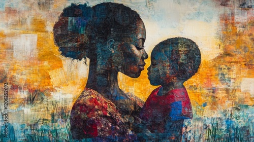 An intimate, artistic portrayal of a mother holding her child lovingly, depicted against a stunning abstract backdrop showcasing deep emotional connections and love.