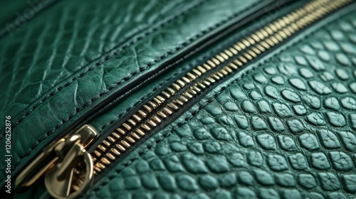 Close-up of a green textured leather bag with a golden zipper showcasing intr...