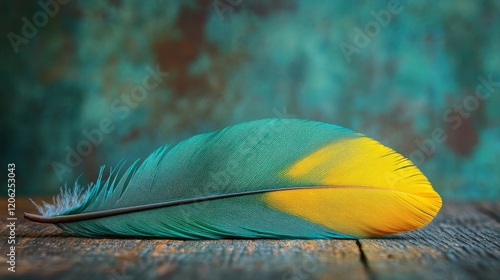 Vivid green and yellow feather resting on a textured wooden surface with an a...