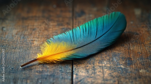 Vivid green and yellow feather resting on a textured wooden surface with an a...