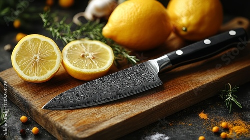 Freshly sliced lemons and herbs on a wooden cutting board in a kitchen setting