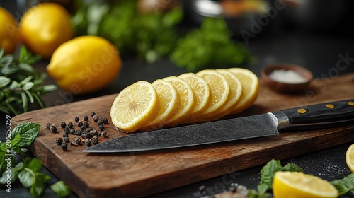 Freshly sliced lemons and herbs on a wooden cutting board in a kitchen setting