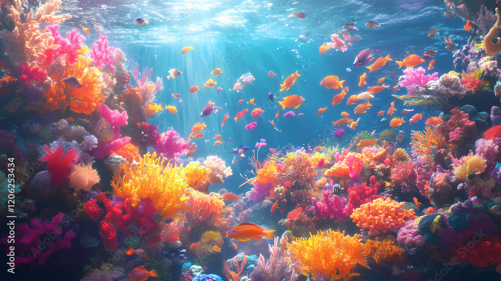 Fototapeta premium A vibrant underwater scene showcasing a diverse coral reef teeming with colorful fish and marine life, with plenty of light solid color background. Vibrant Reef. Illustration