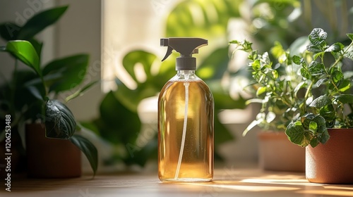 Luxury liquid soap dispenser on wooden countertop with water splashes in a mo...