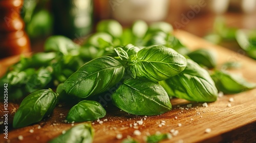 Fresh basil leaves on a wooden cutting board in a kitchen setting