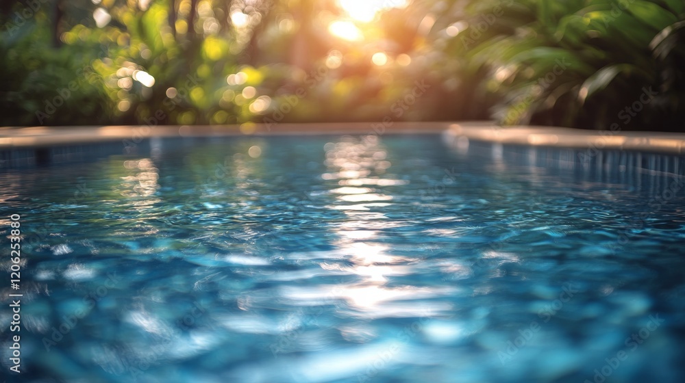 Sunlight reflecting on the surface of a tranquil swimming pool surrounded by lush greenery Sunlight reflecting on the surface of a tranquil swimming pool surrounded by lush greenery