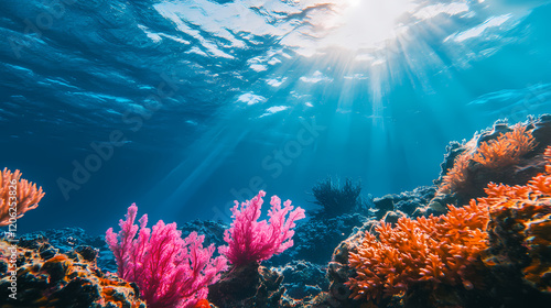 Fototapeta Naklejka Na Ścianę i Meble -  An underwater view of a vibrant coral reef featuring pink and blue corals on the seafloor. seafloor. illustration. Vibrant Reef. Illustration