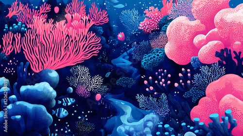 Fototapeta Naklejka Na Ścianę i Meble -  An underwater view of a vibrant coral reef featuring pink and blue corals on the seafloor. seafloor. illustration. Vibrant Reef. Illustration