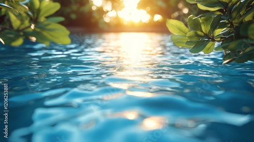 Sunlight reflecting on the surface of a tranquil swimming pool surrounded by ...