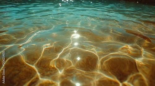 Calm water surface with ripples and colorful stones at the bottom during dayl...