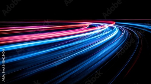 Dynamic light trails of red and blue streak across the dark landscape, creating a captivating sense of motion and futuristic energy, perfect for a modern setting.