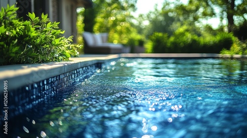 Tranquil swimming pool reflecting sunlight in a serene garden setting during ...