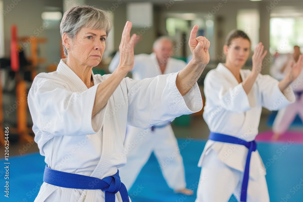 Obraz premium Adult people practicing taekwondo and warming up for training while standing barefoot 