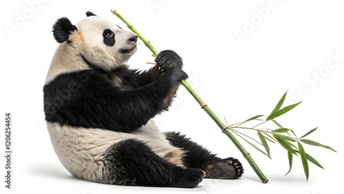 Panda Eating Bamboo in a Peaceful Forest, with Its Black and White Coat and Playful Expression Isolated on White or Transparent Background
