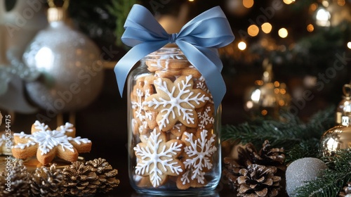 A festive and elegant jar filled with beautifully decorated snowflake-shaped cookies, wrapped with a blue ribbon, perfect for holiday celebrations and gifting. photo