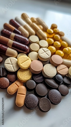 Various pills and tablets arranged in colorful patterns on a flat surface