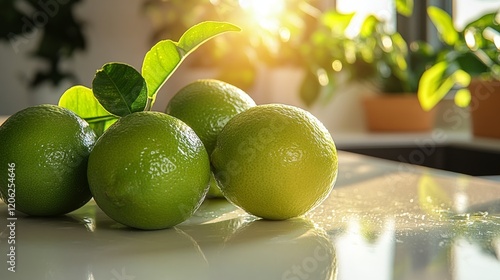 Fresh limes arranged on a marble kitchen countertop with sunlight illuminatin...