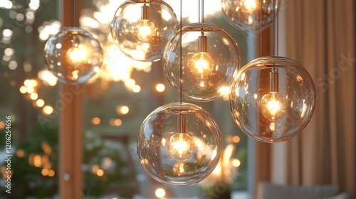 Elegant hanging glass lights illuminate a cozy modern space with warm ambianc...