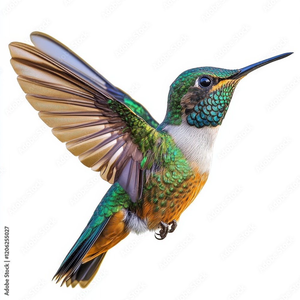 Fototapeta premium A brilliantly colored hummingbird captured in momentary suspension, displaying its vibrant plumage against a stark white background, showcasing nature's beauty.
