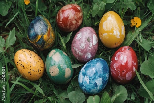 Colorful Easter eggs arranged in grass among greenery and clovers during spri...