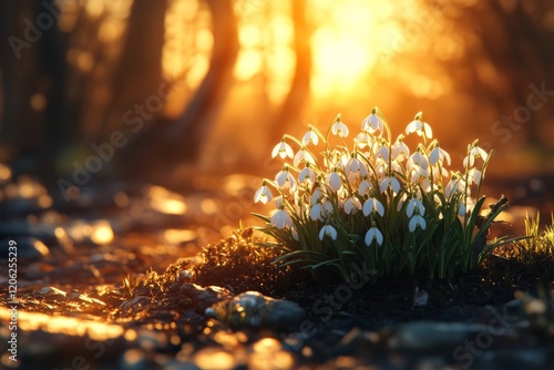 Snowdrop flowers bloom in early spring under soft sunlight in a tranquil gard...