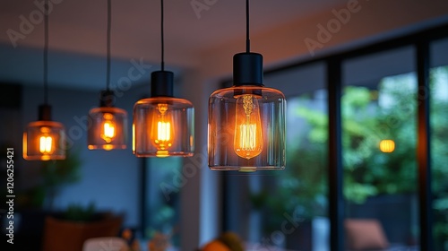 Warm light bulbs illuminate a modern kitchen with stylish decor and plants du...