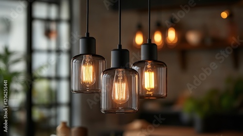 Warm light bulbs illuminate a modern kitchen with stylish decor and plants du...