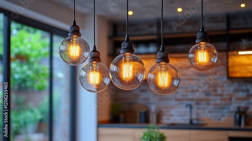 Warm light bulbs illuminate a modern kitchen with stylish decor and plants du...